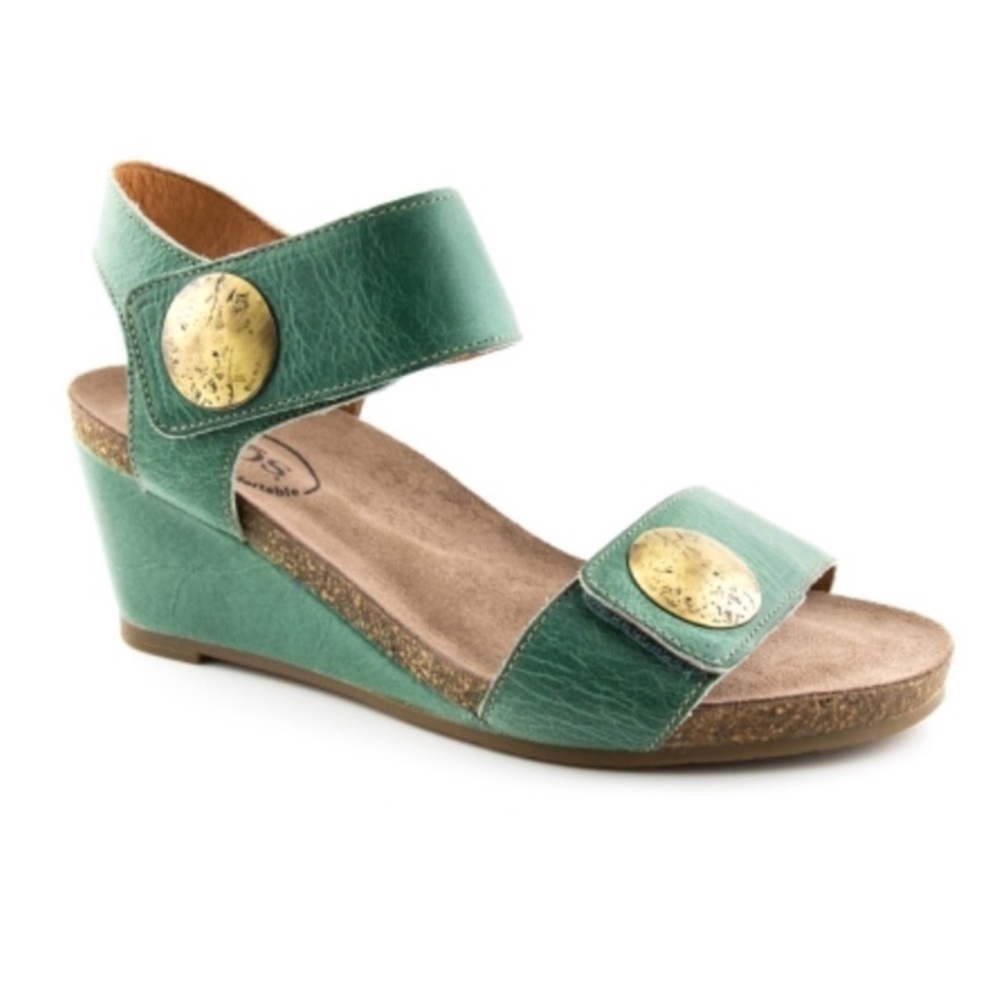 Taos Carousel Leather Green Wedge Sandals Adjustable Width Size 39